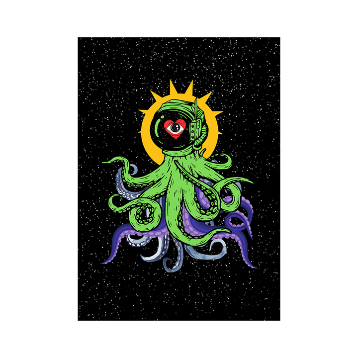 The "I Need some Space" Series Greeting Cards - Green Octopus Astronaut design
