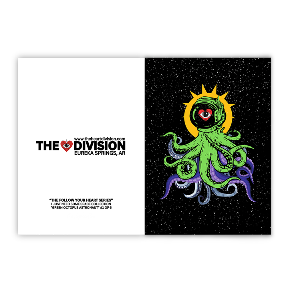 The "I Need some Space" Series Greeting Cards - Green Octopus Astronaut