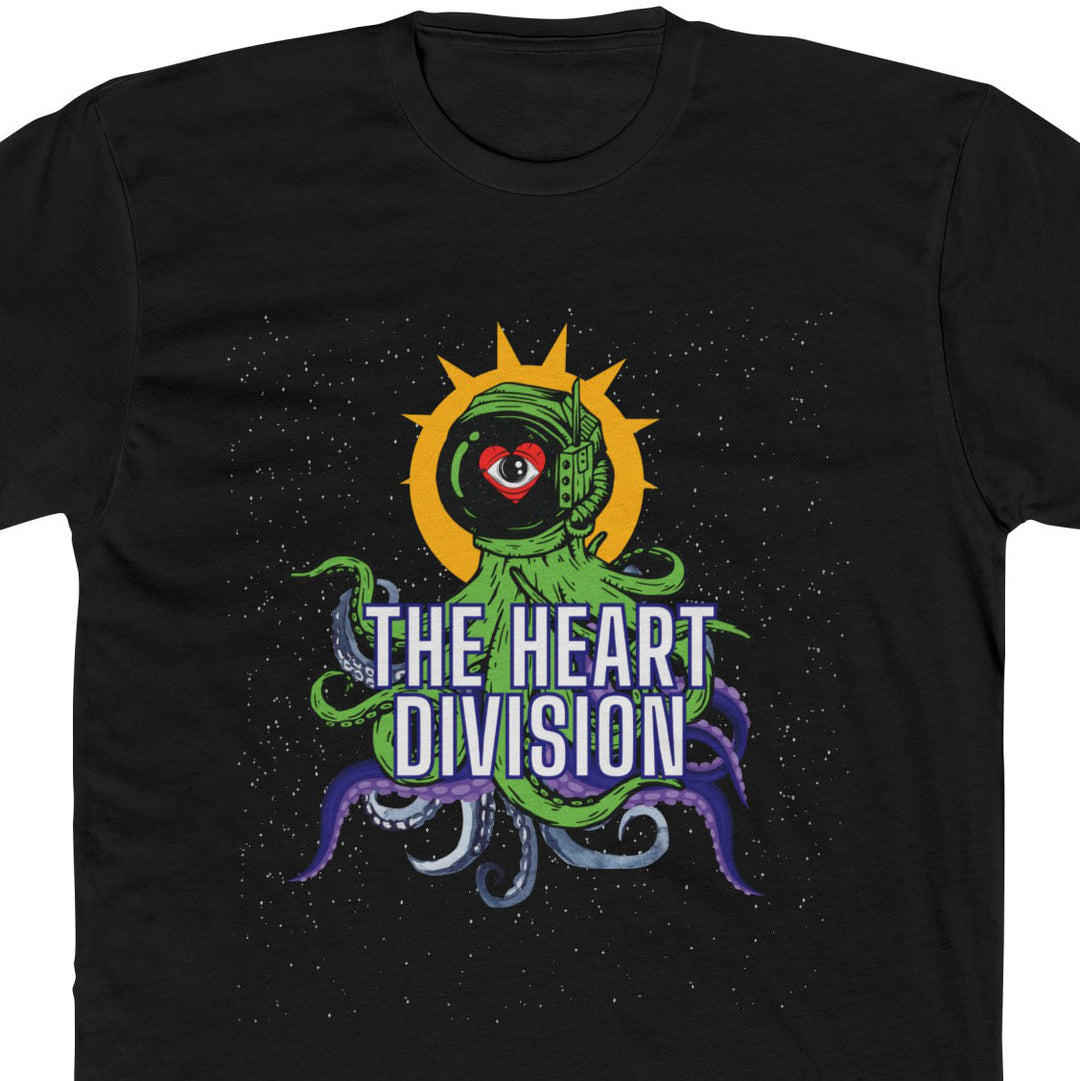 "Green Octopus Astronaut" Unisex T-Shirt close up of design, in black