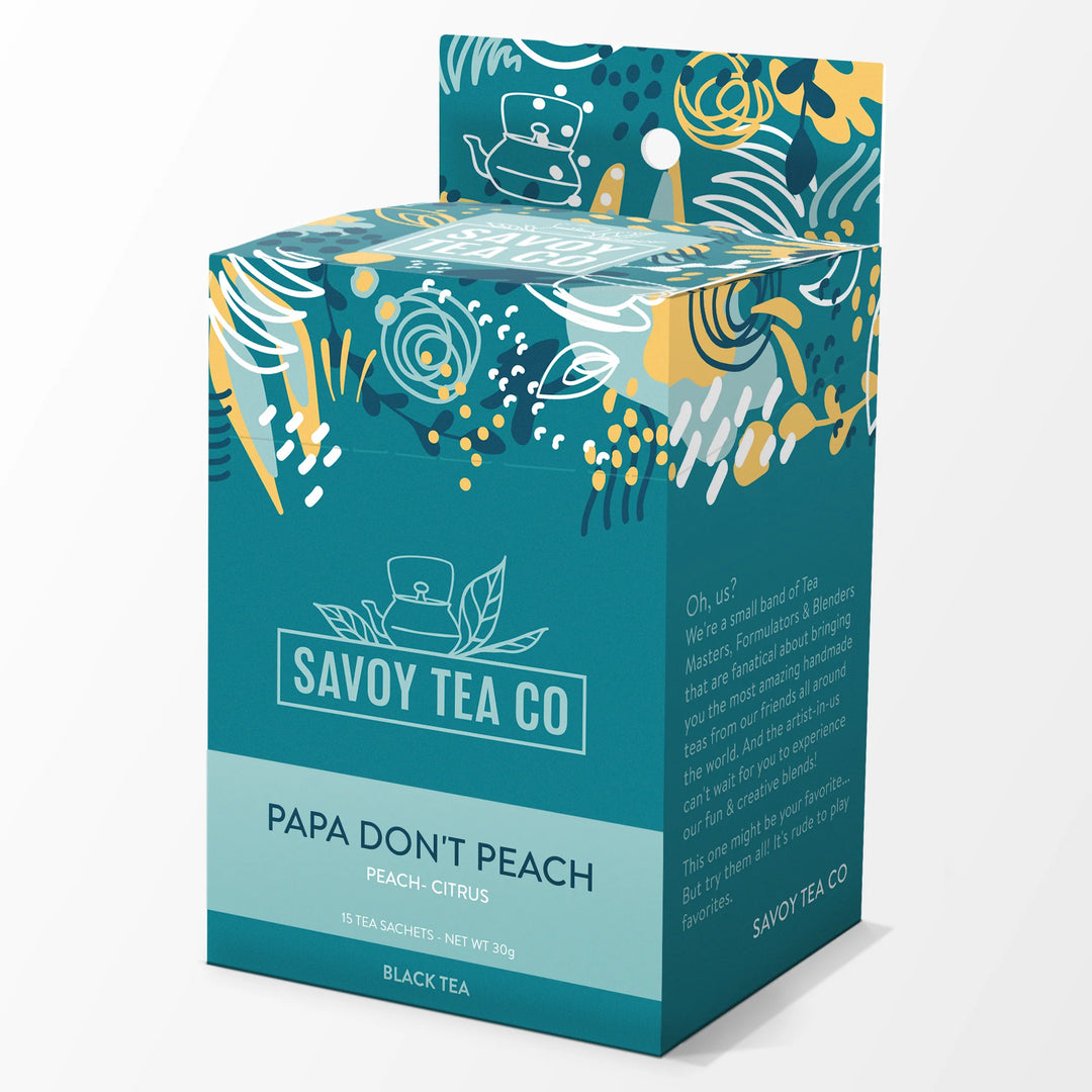 Papa Don't Peach tea sachet packaging
